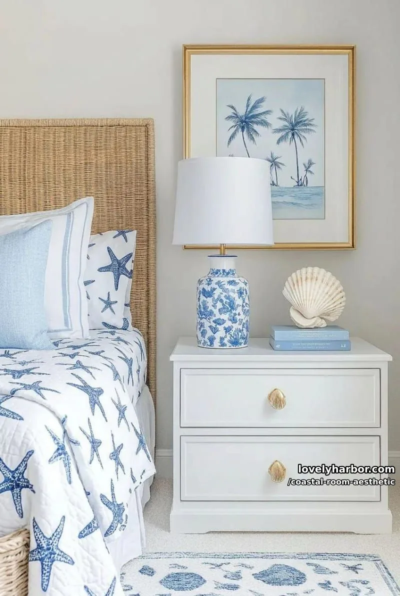 coastal bedroom decor with ocean-inspired art and starfish bedding. 1