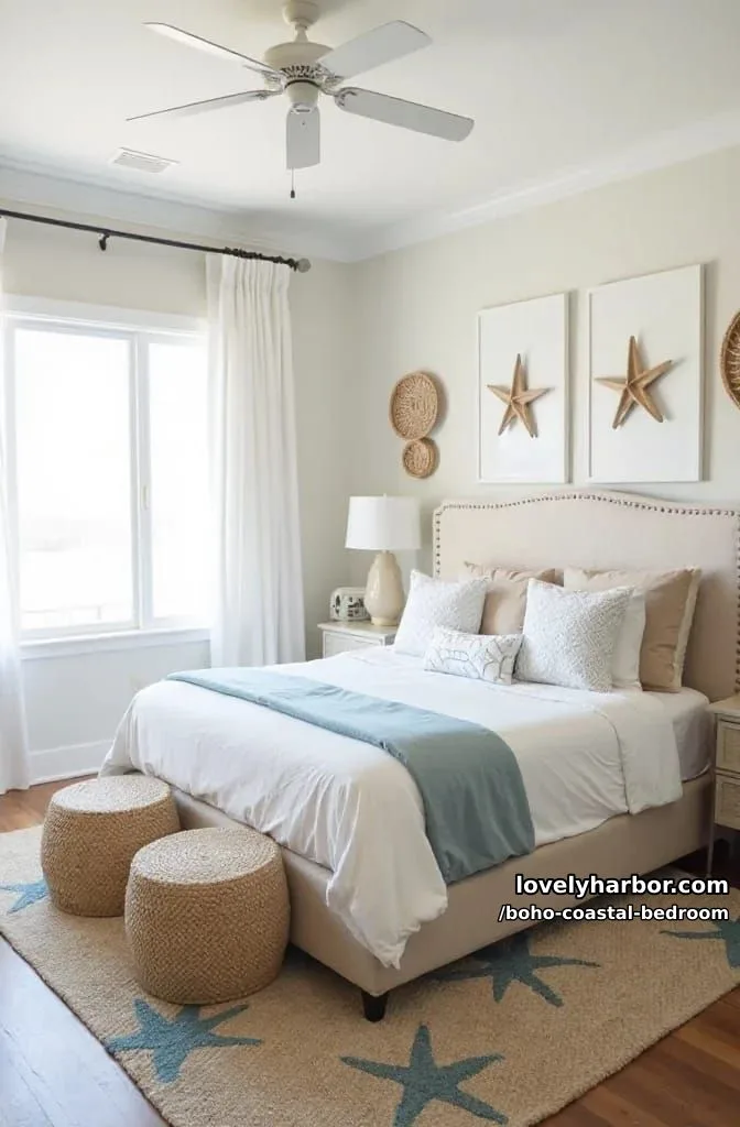 20 Boho Coastal Bedroom Ideas for a Dreamy Retreat 6 coastal bedroom with beige upholstered bed, starfish decor, and woven ottomans. 1