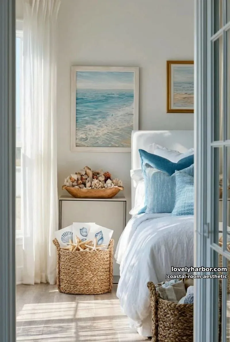 coastal bedroom with blue pillows, rattan, shells, and gold accents. 1