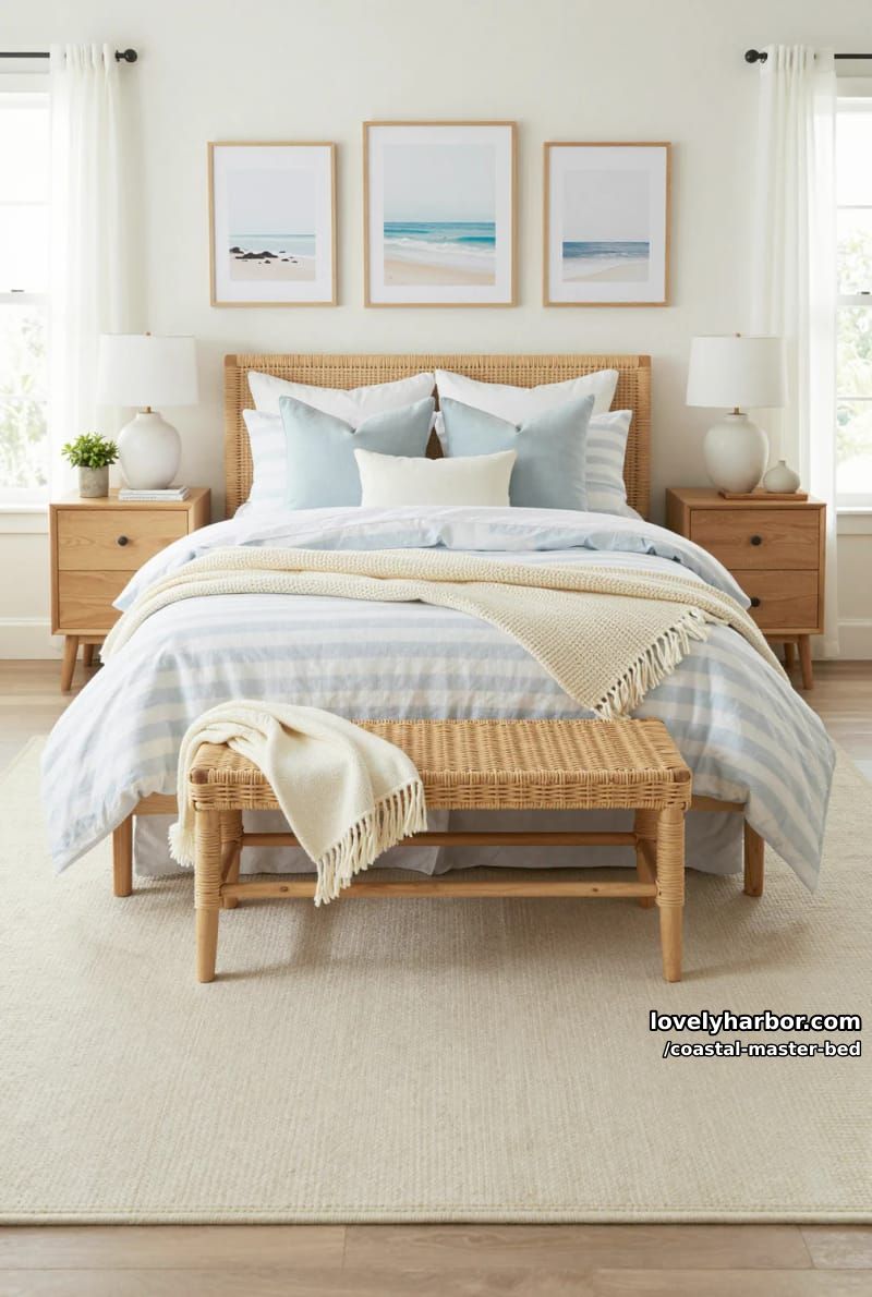 20 Coastal Master Bedrooms with Serene Vibes 15 coastal bedroom with blue-striped bedding, wicker bench, and soft neutral palette. 1