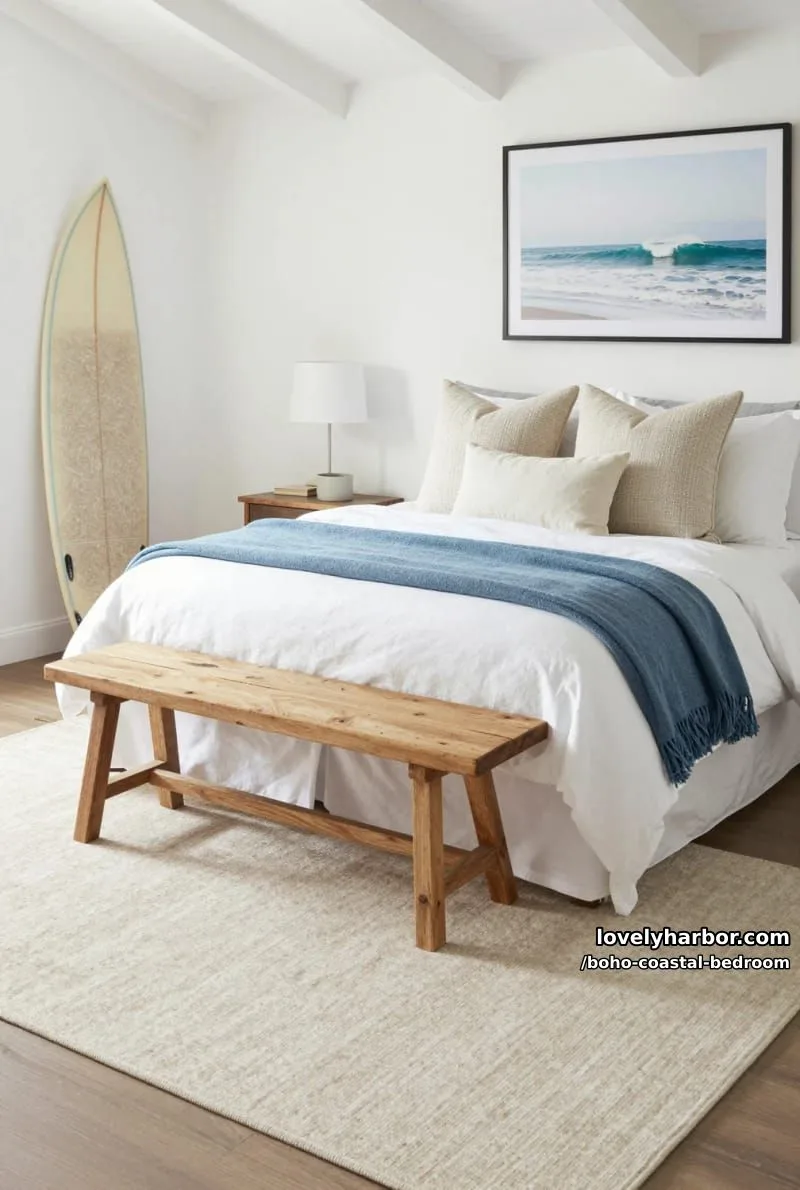 20 Boho Coastal Bedroom Ideas for a Dreamy Retreat 8 coastal bedroom with blue throw, ocean artwork, and surfboard decor. 1