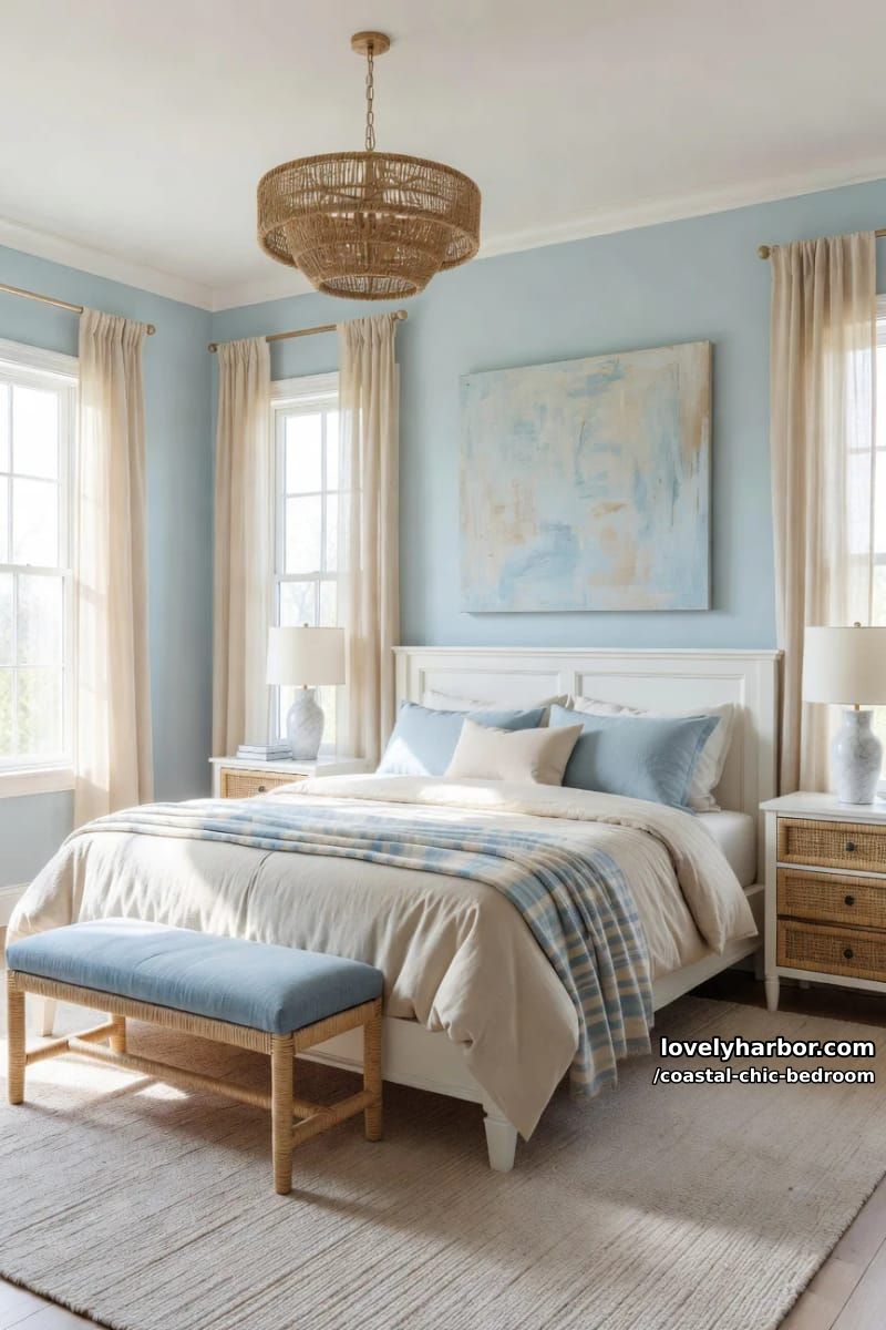 coastal bedroom with blue walls, rattan nightstands, marble lamps, and woven bench. 1