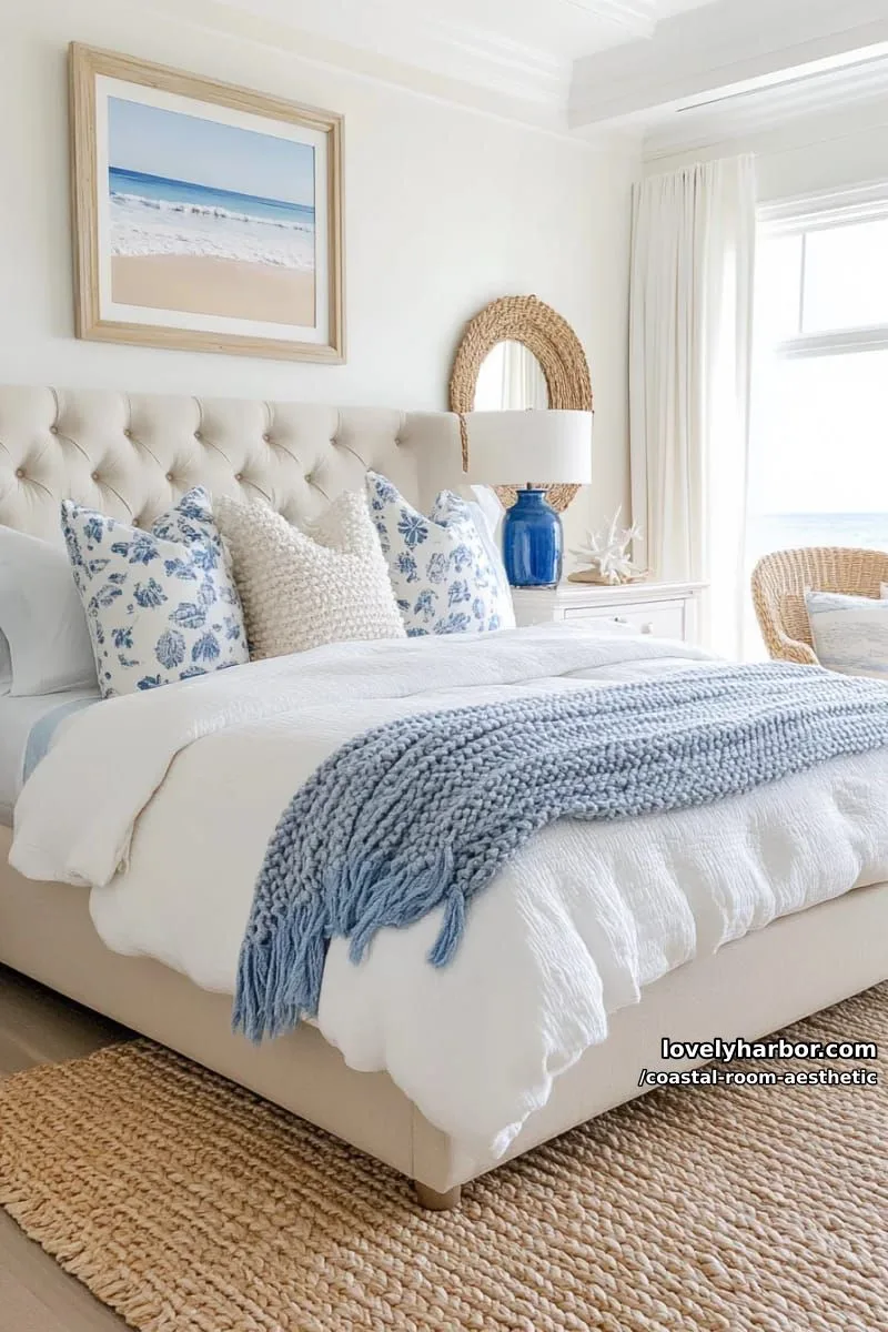 coastal bedroom with blue, white, and beige textiles and beach-themed accessories. 1