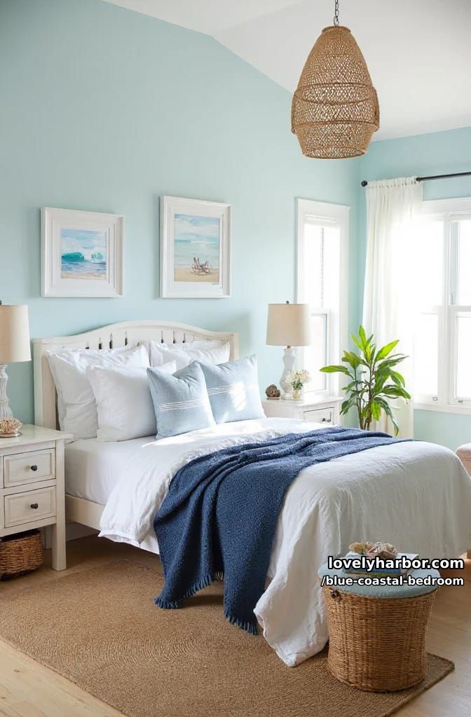 coastal bedroom with blue, white, and rattan decor and art prints. 1