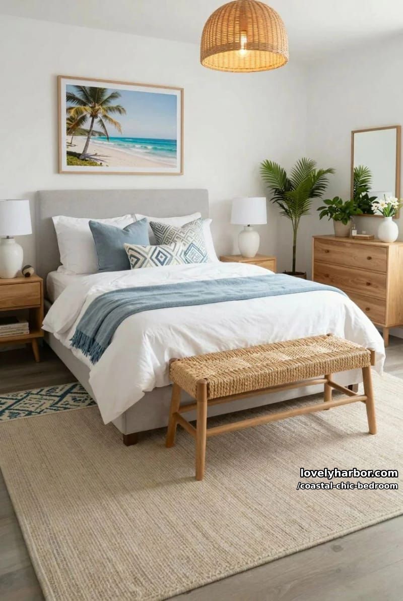 coastal bedroom with grey headboard, geometric pillows, layered rugs, and greenery. 1