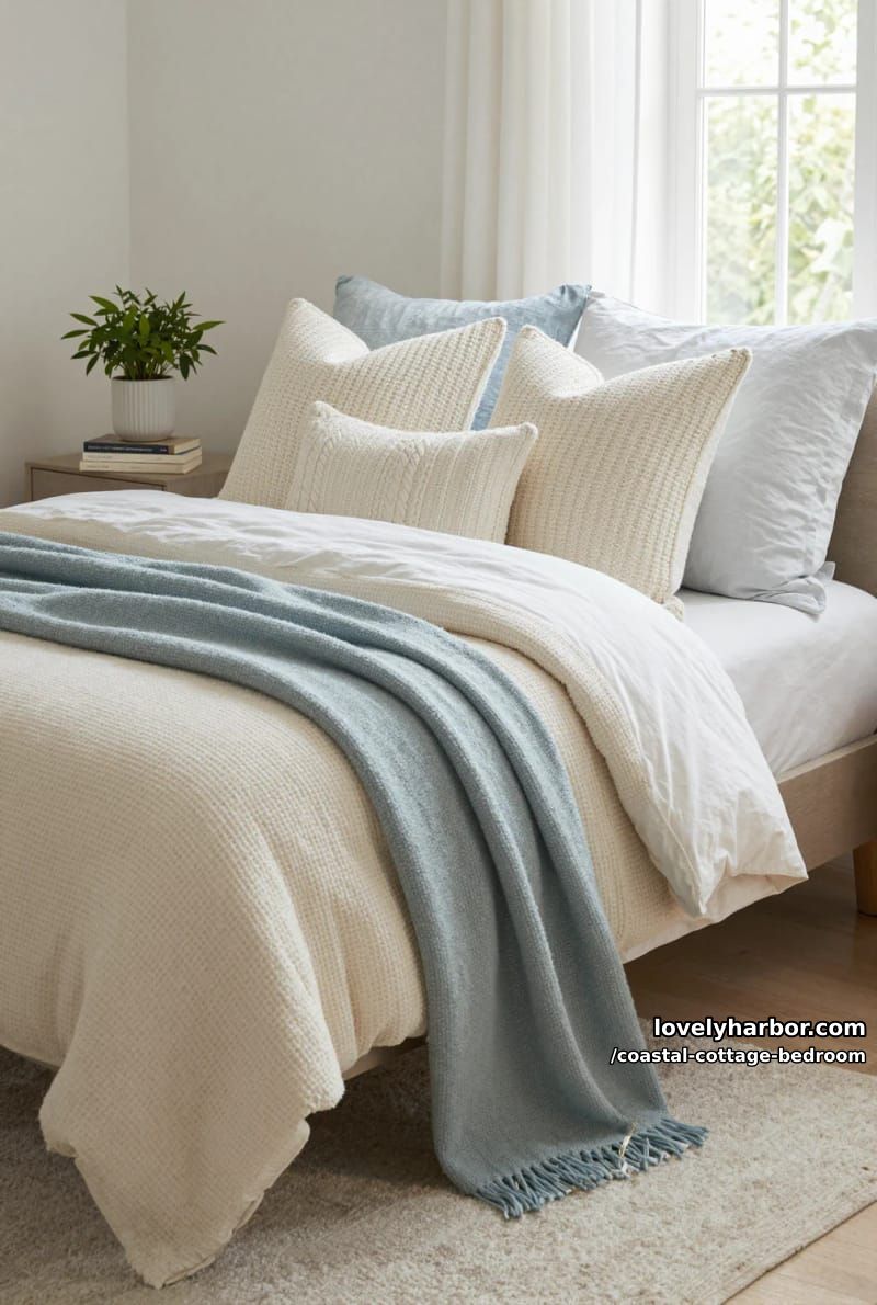 coastal bedroom with layered blankets, oversized pillows, and sheer white curtains. 1