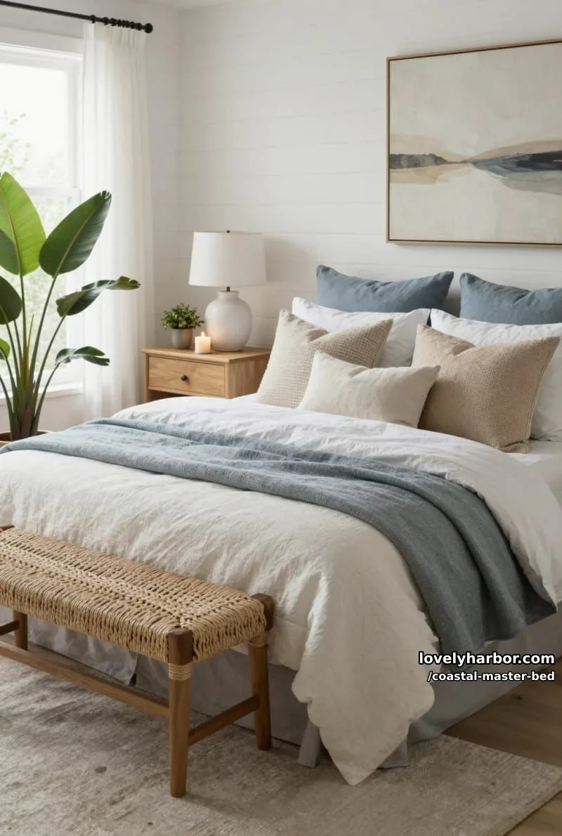 coastal bedroom with layered blue and beige bedding, woven bench, and plants. 1