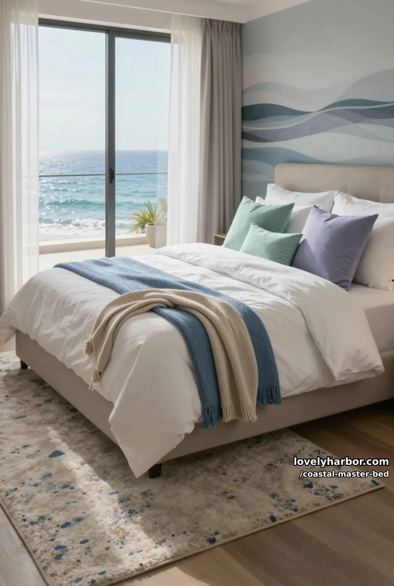 coastal bedroom with ocean view, wave mural, plush bed, and soft blue tones. 1