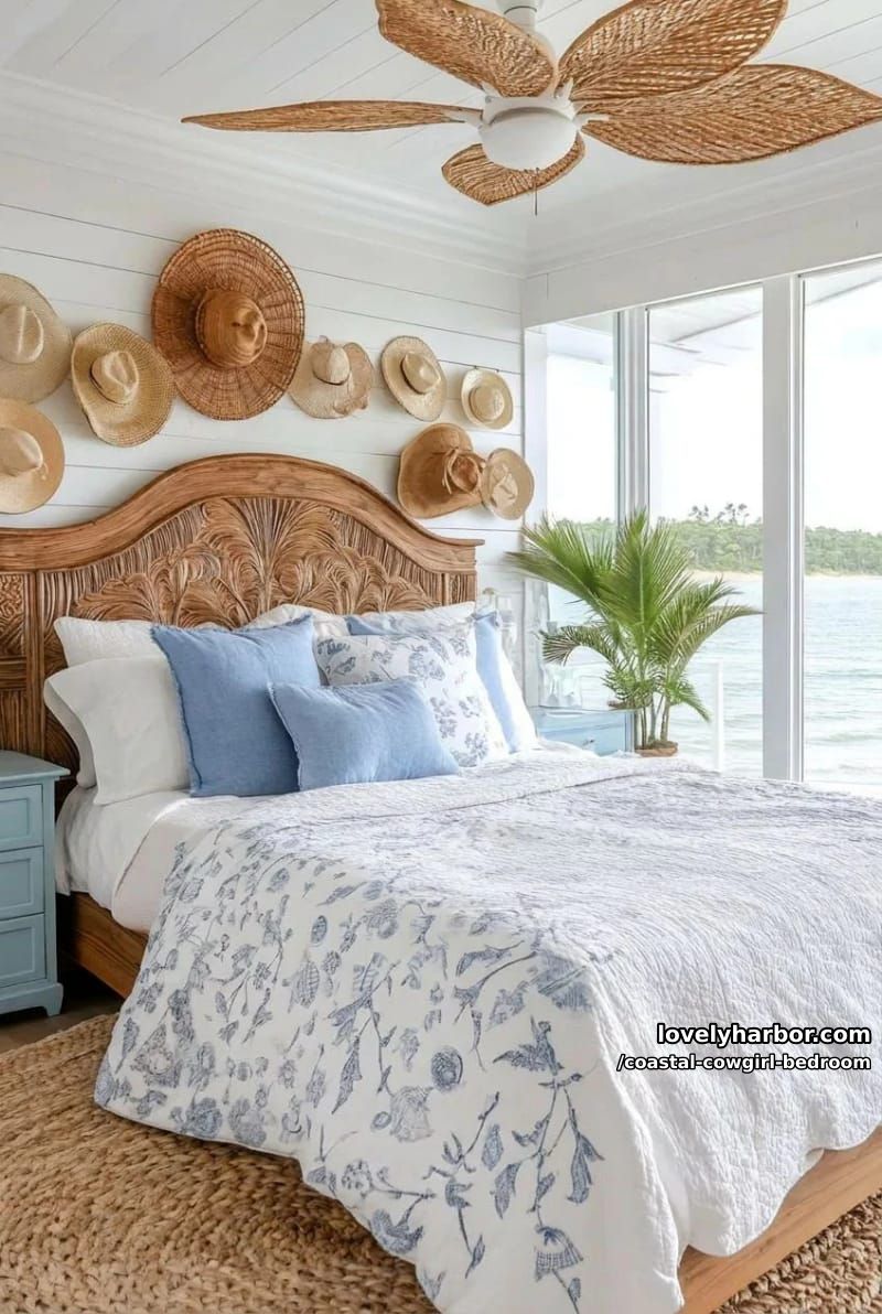 coastal bedroom with ornate headboard, seashell bedding, blue pillows, rattan shelving. 1