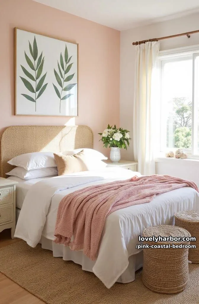 20 Dreamy Pink Coastal Bedroom Ideas to Try This Season 15 coastal bedroom with rattan headboard, chunky knit throw, and botanical art. 1