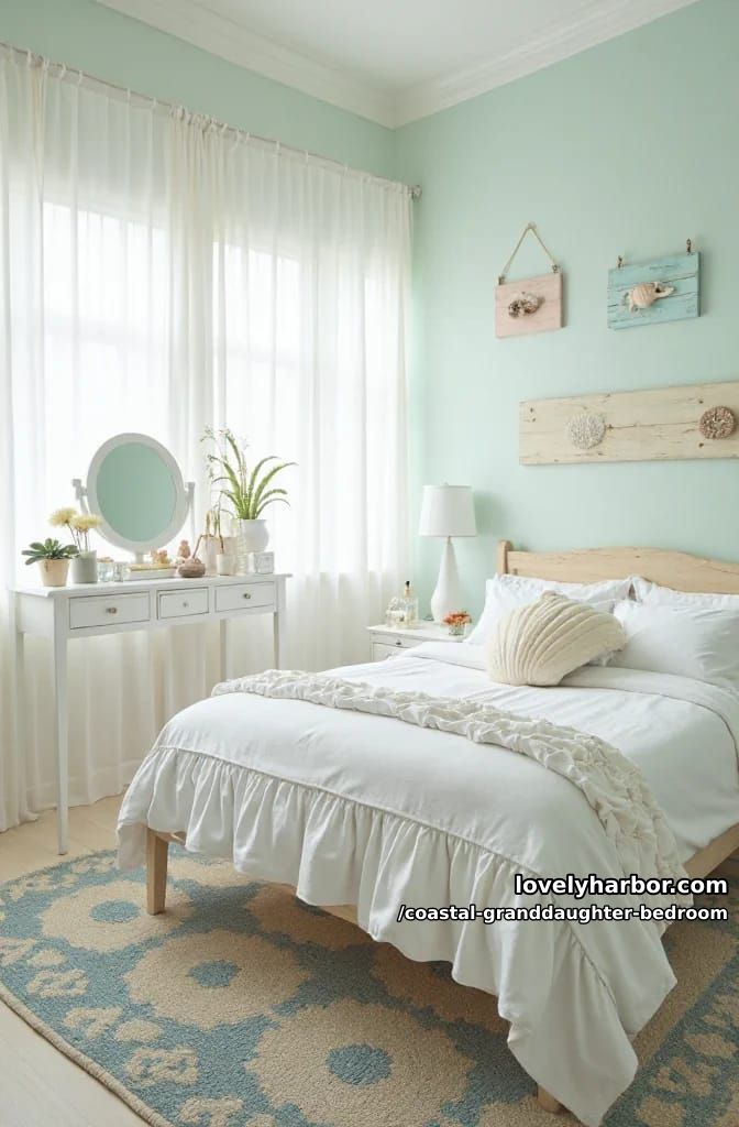 coastal bedroom with ruffled bedding, shell pillow, beach signs, vanity, and patterned rug. 1