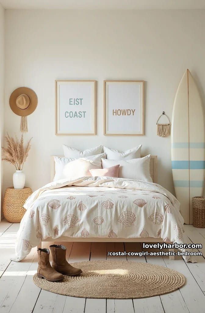 coastal bedroom with shell bedding, “east coast” and “howdy” art, and surfboard. 1