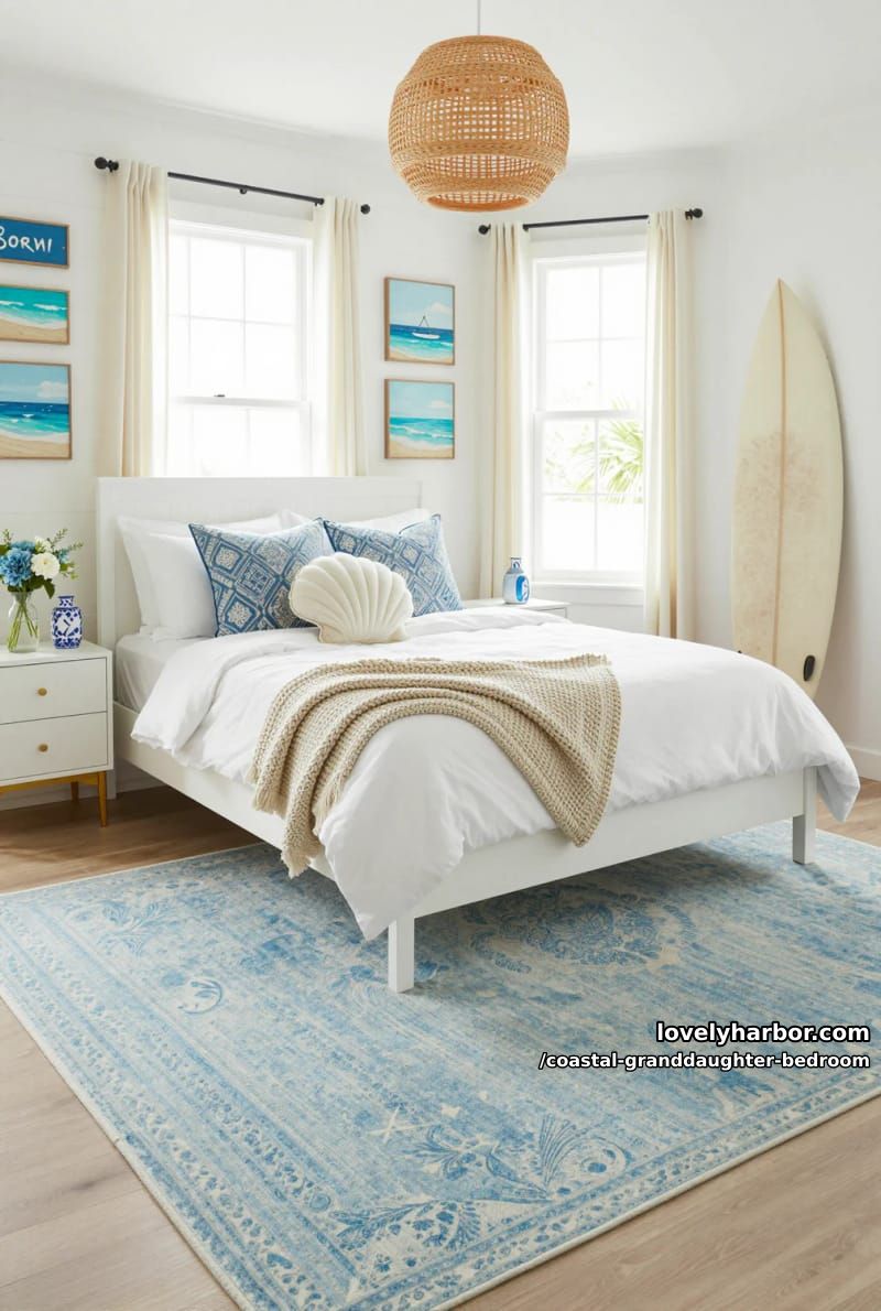 coastal bedroom with shell pillow, knit throw, surfboard, beach art, and blue rug. 1