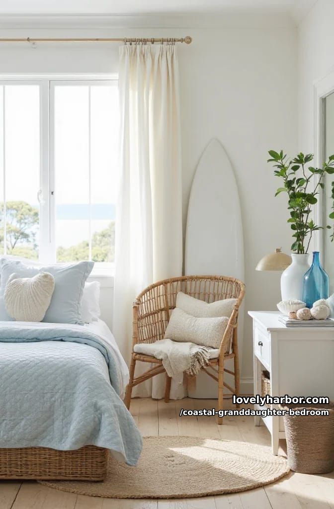 coastal bedroom with shell pillow, surfboard mirror, rattan accents, and blue decor. 1