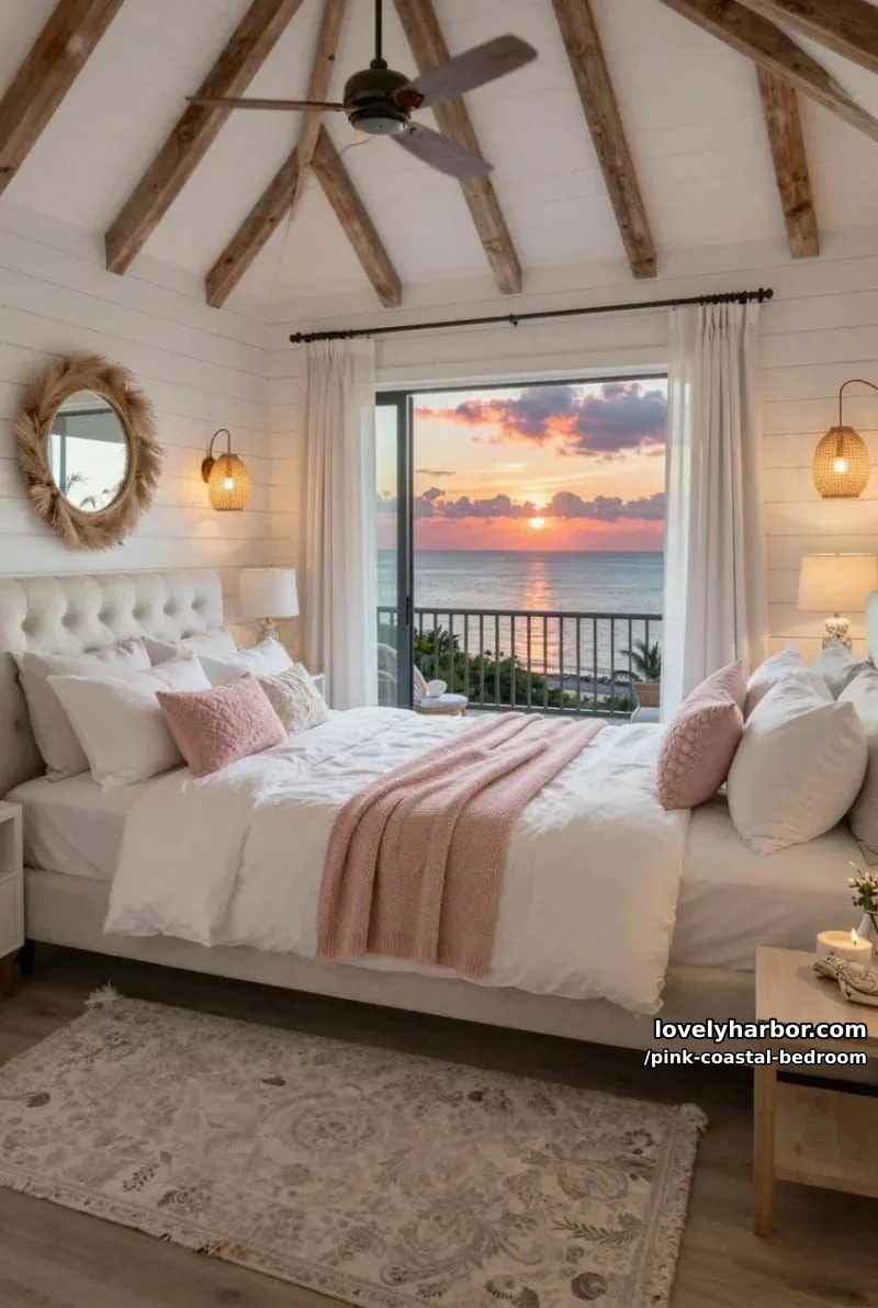 20 Dreamy Pink Coastal Bedroom Ideas to Try This Season 8 coastal bedroom with shiplap walls, ocean view, and woven accents. 1