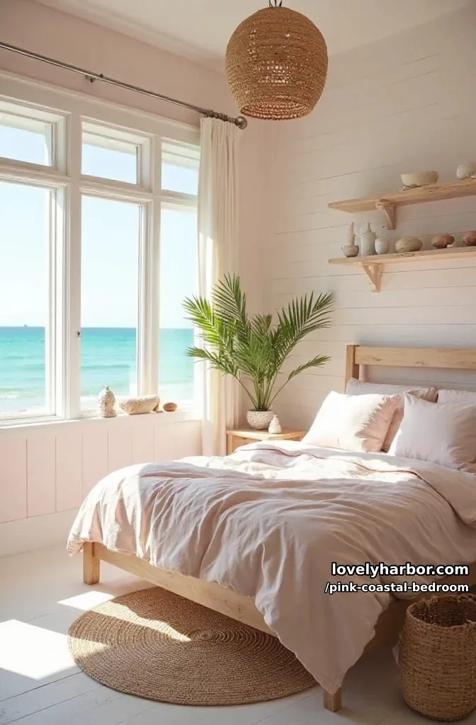 20 Dreamy Pink Coastal Bedroom Ideas to Try This Season 9 coastal bedroom with shiplap walls, ocean view, and woven accents. 1