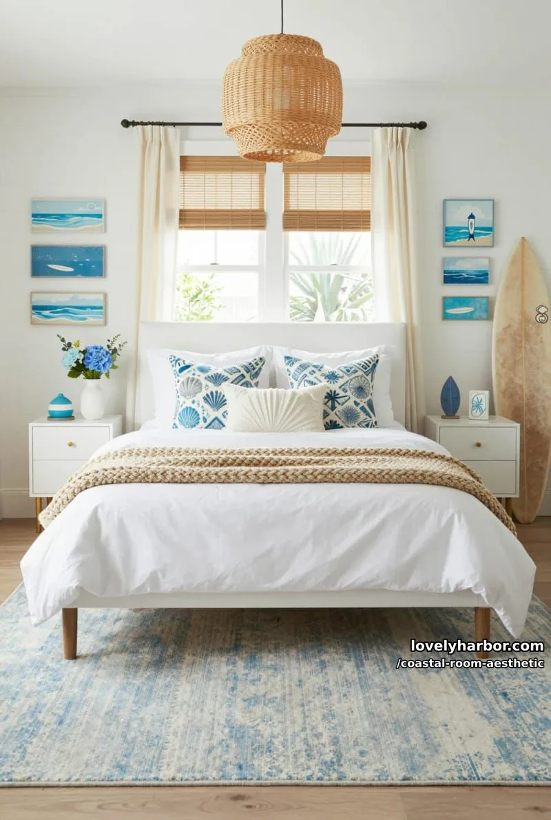 coastal bedroom with shiplap walls, tan throw, blue pillows, and surfboard. 1