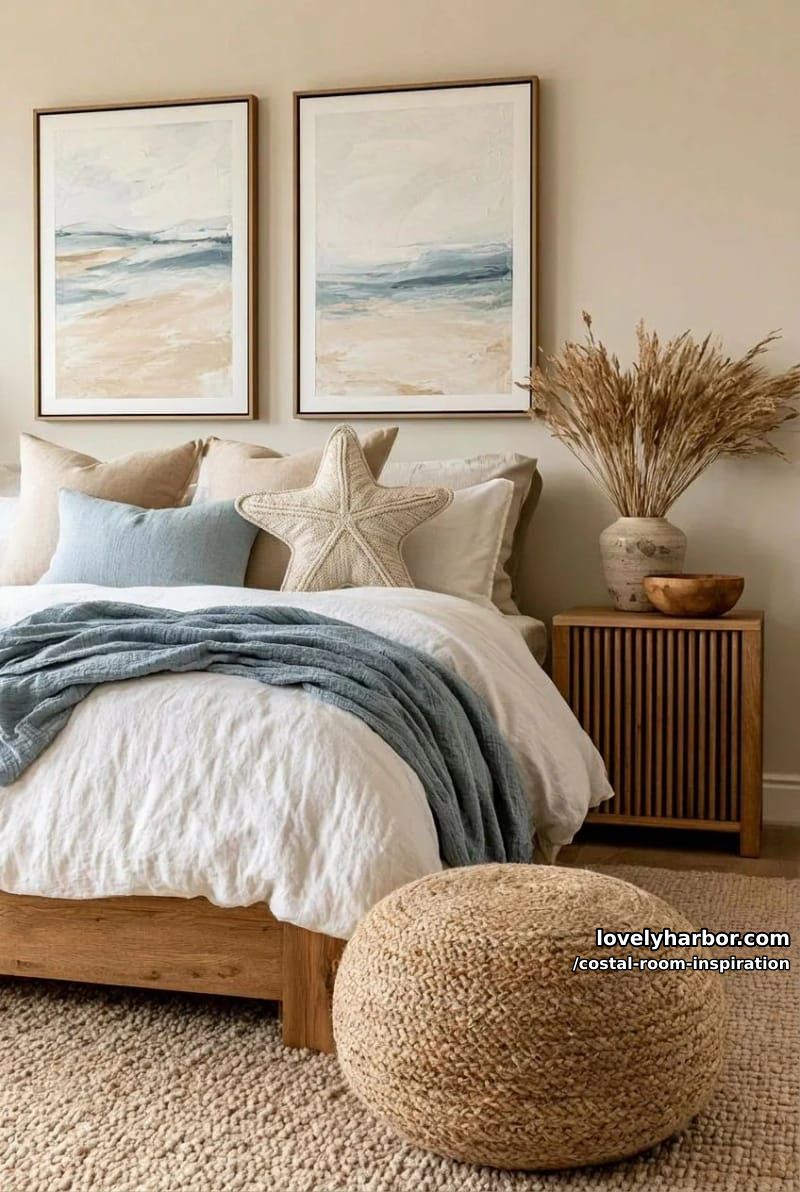 coastal bedroom with starfish pillows and pastel decor. 1