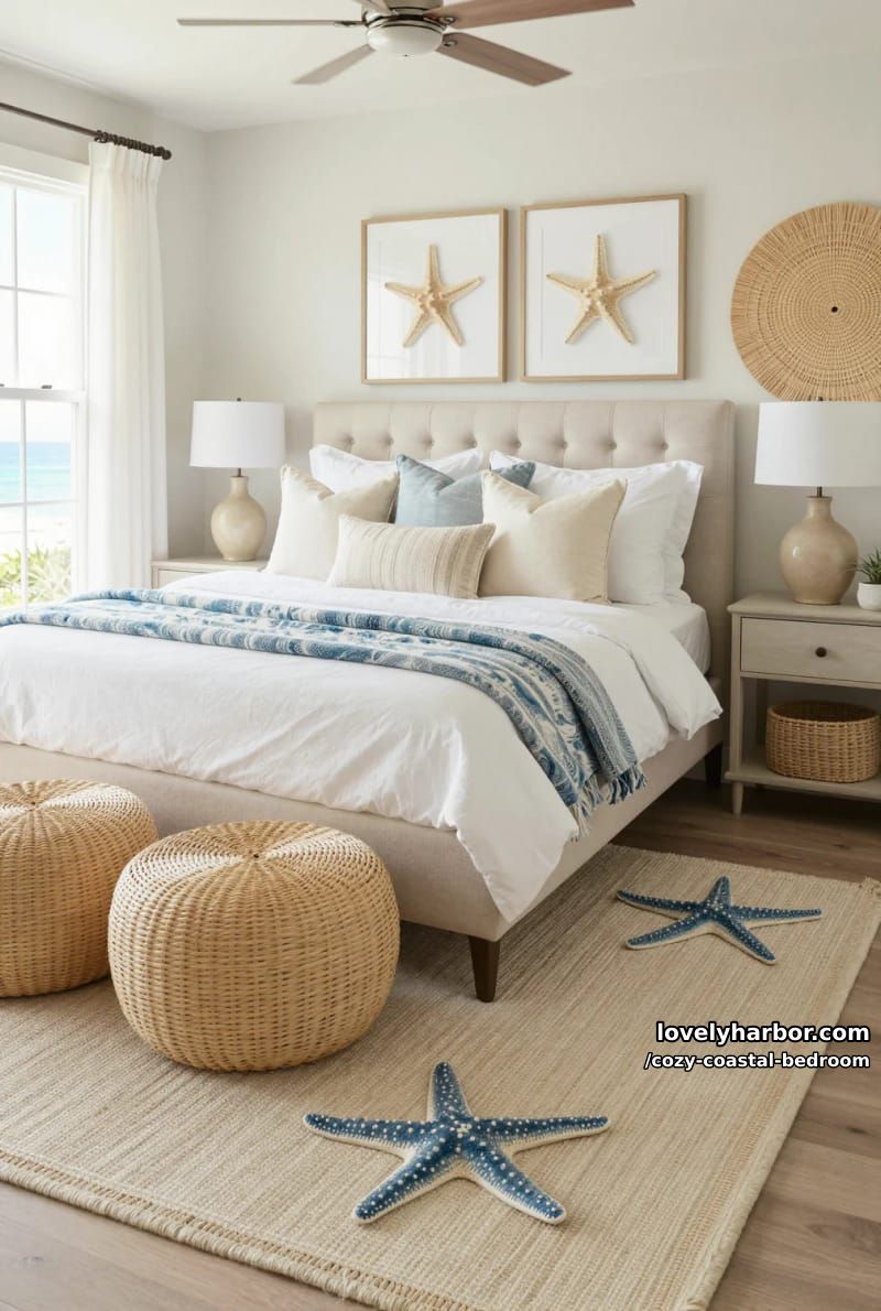 20 Dreamy Coastal Bedrooms for a Serene Retreat 8 coastal bedroom with tufted headboard, starfish decor, and natural textures 1