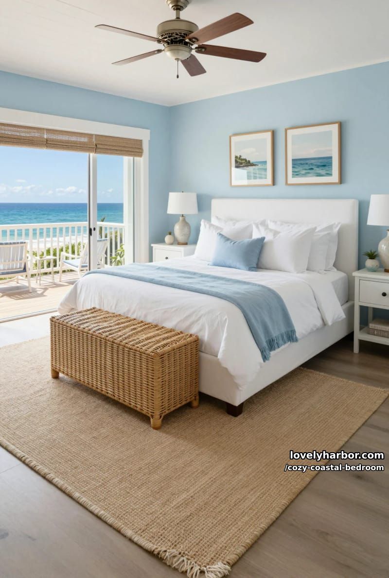 20 Dreamy Coastal Bedrooms for a Serene Retreat 22 coastal bedroom with vaulted ceiling, ocean view, and wicker bench 1