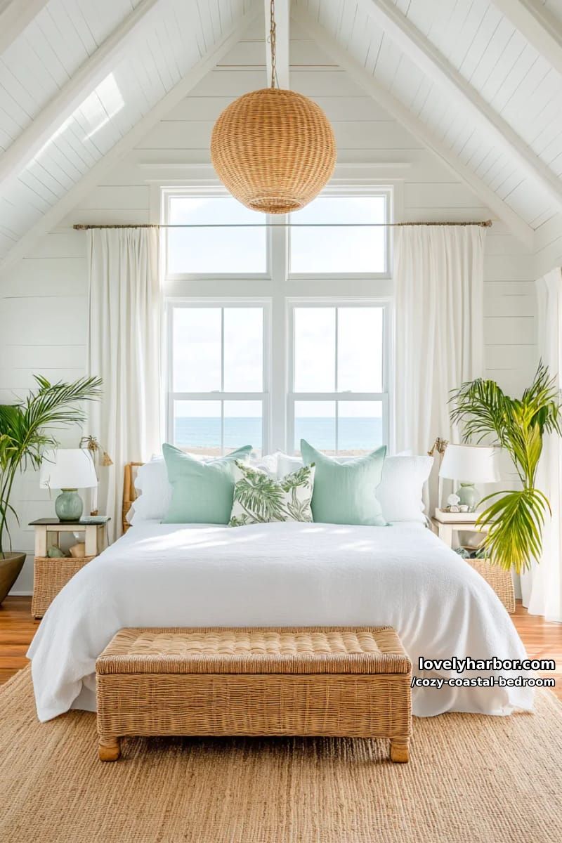 20 Dreamy Coastal Bedrooms for a Serene Retreat 23 coastal bedroom with vaulted ceiling, ocean view, and wicker bench 1