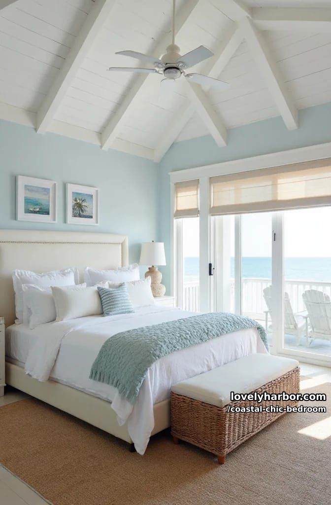 coastal bedroom with white bed, blue accents, ocean art, and balcony view. 1