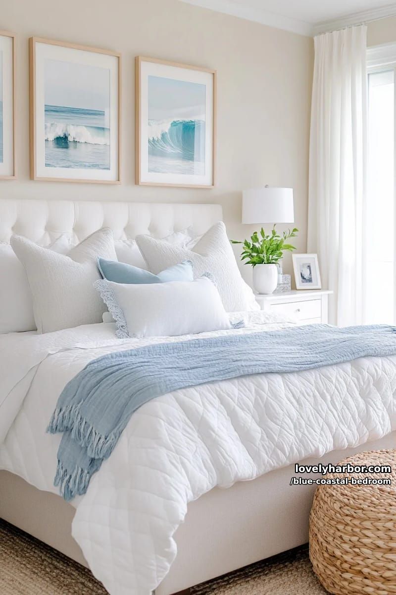 coastal bedroom with white bed, blue throw, and framed ocean prints. 1