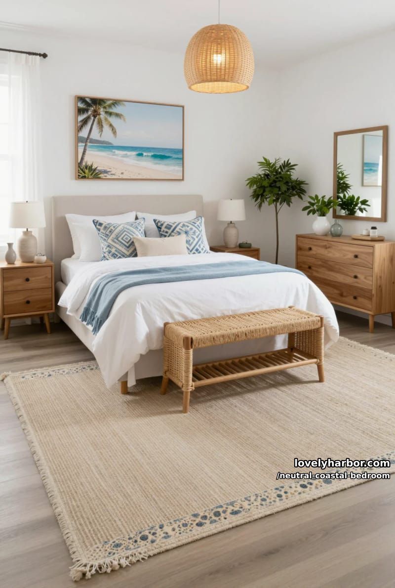 coastal bedroom with white bedding, blue throw, patterned pillows, and layered rugs. 1