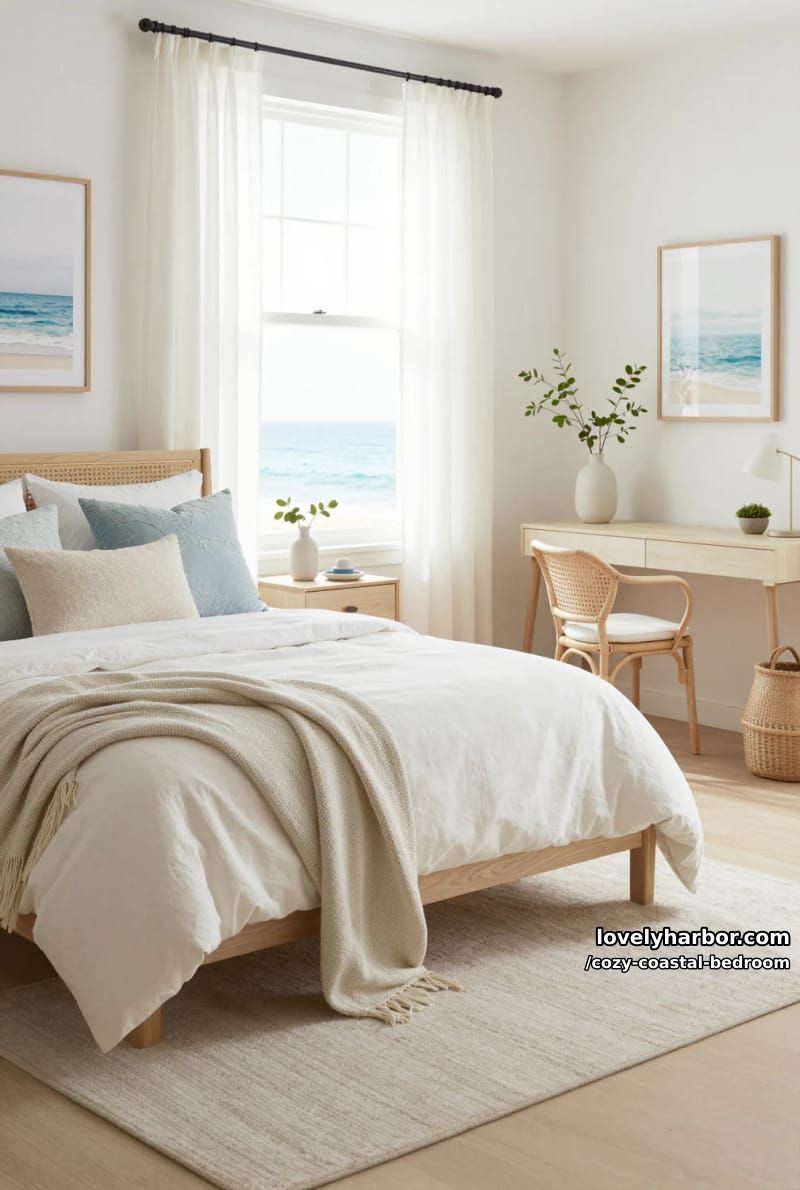 20 Dreamy Coastal Bedrooms for a Serene Retreat 17 coastal bedroom with white bedding, rattan furniture, and nautical accents 1