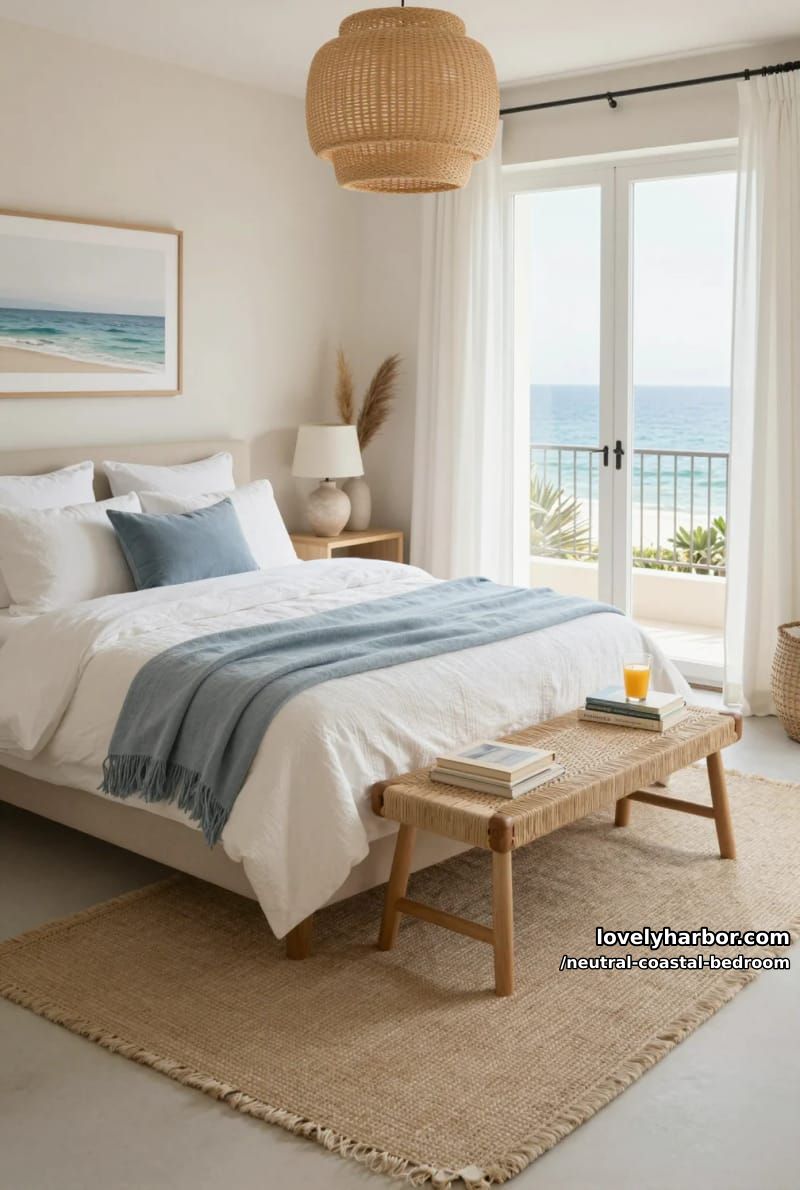 coastal bedroom with white duvet, blue throw, woven bench, and french doors. 1