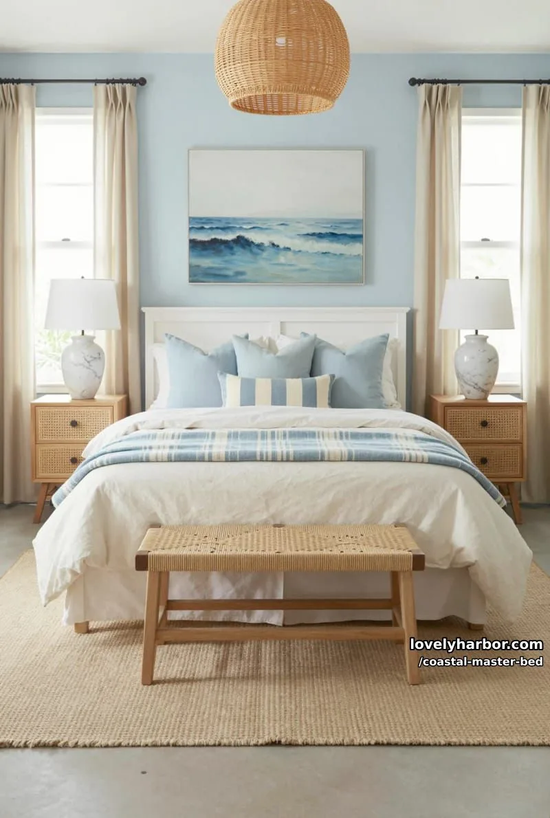 coastal bedroom with white wooden bed, blue accents, rattan lighting, and art. 1