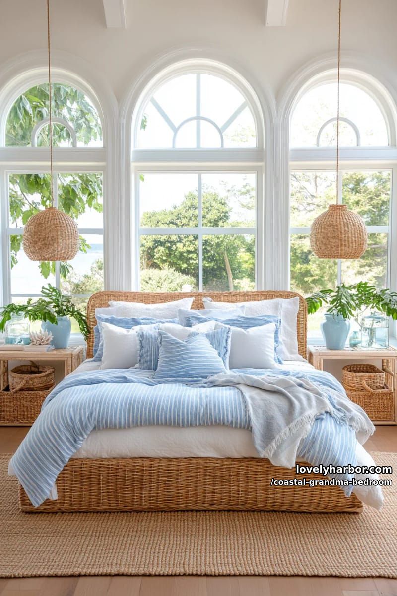 coastal bedroom with wicker bed, striped pillows, sisal rug, and beachy accents. 1