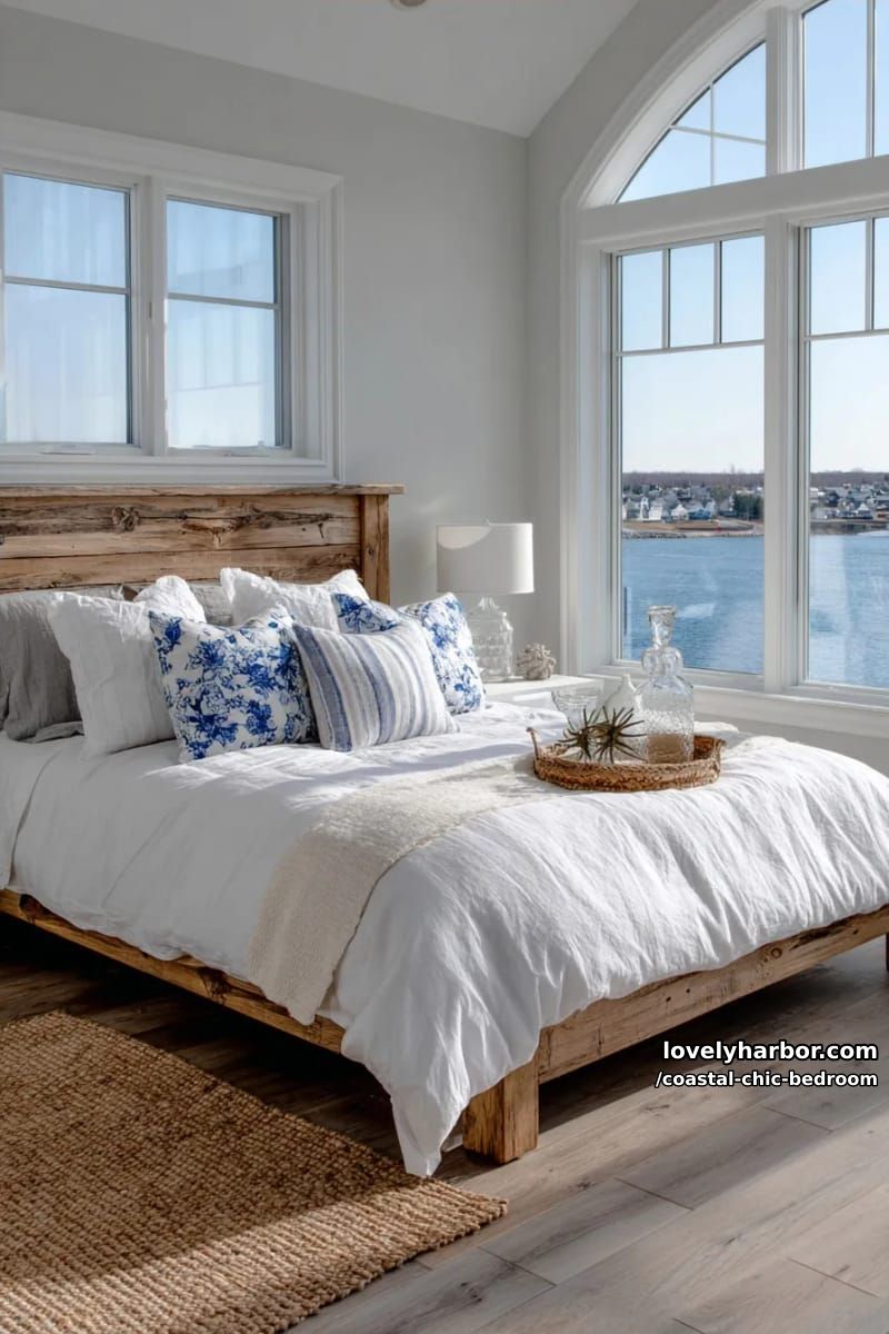 coastal bedroom with wood headboard, blue floral pillows, arched window, and ocean view. 1