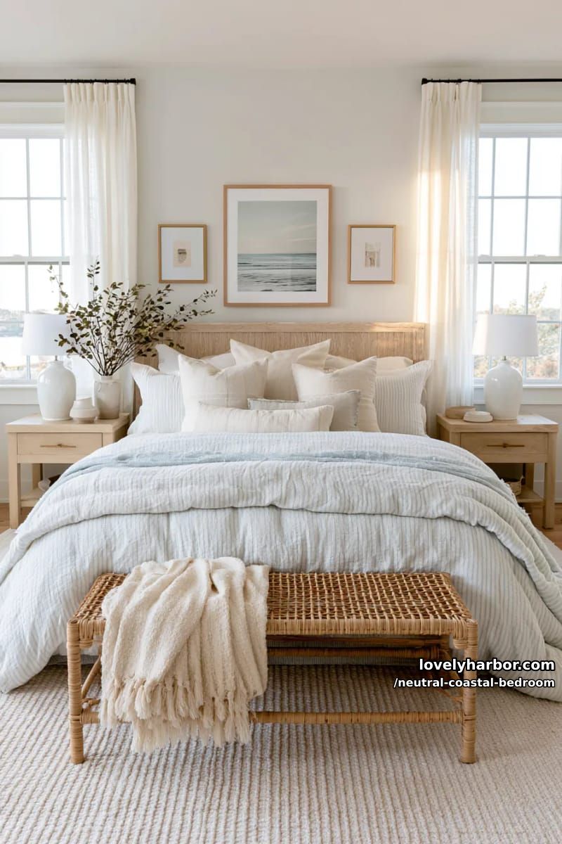coastal bedroom with wood headboard, striped bedding, rattan bench, and beach artwork. 1