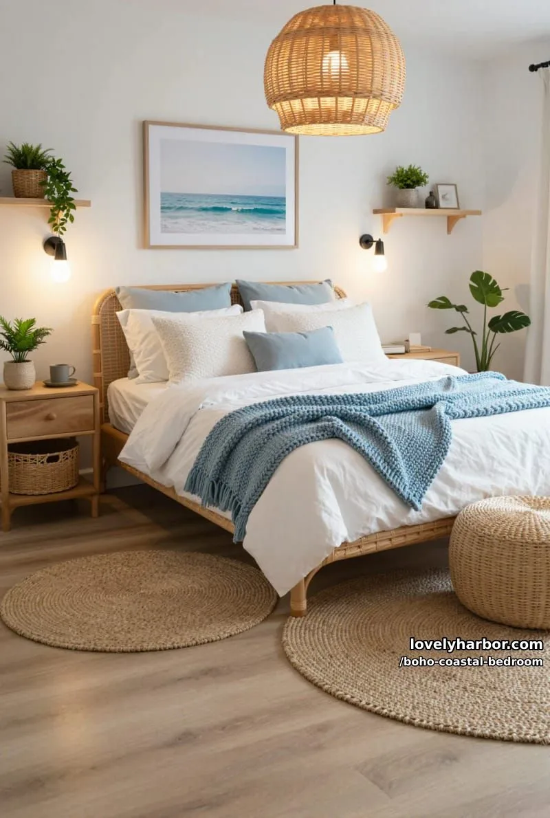 20 Boho Coastal Bedroom Ideas for a Dreamy Retreat 3 coastal boho bedroom with rattan bed, ocean art, plants, and layered textures. 1