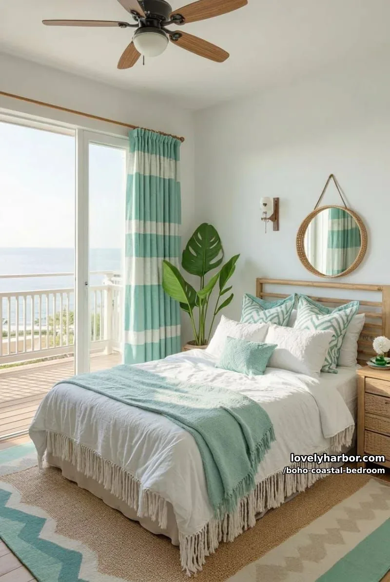 20 Boho Coastal Bedroom Ideas for a Dreamy Retreat 2 coastal boho bedroom with teal and white decor, wicker mirror, and ocean view. 1