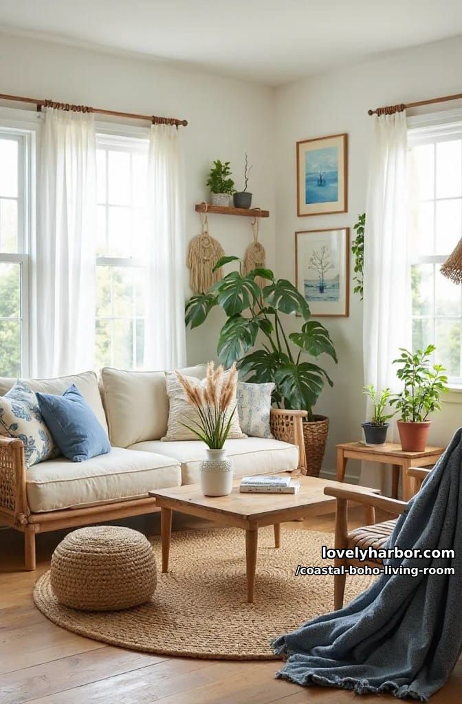 coastal boho living room with rattan furniture, plants, blue decor, and woven textures. 1