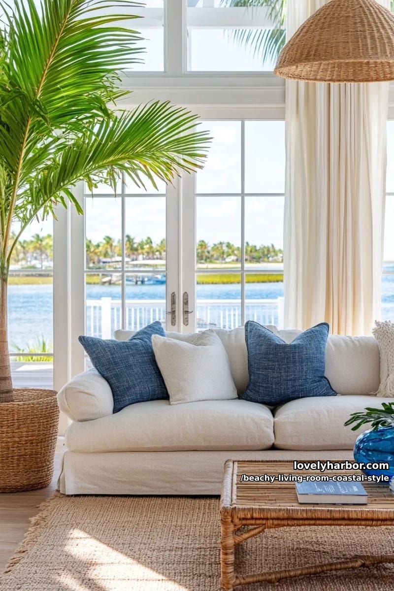 coastal boho living room with tropical plant, rattan decor, and blue accents 1