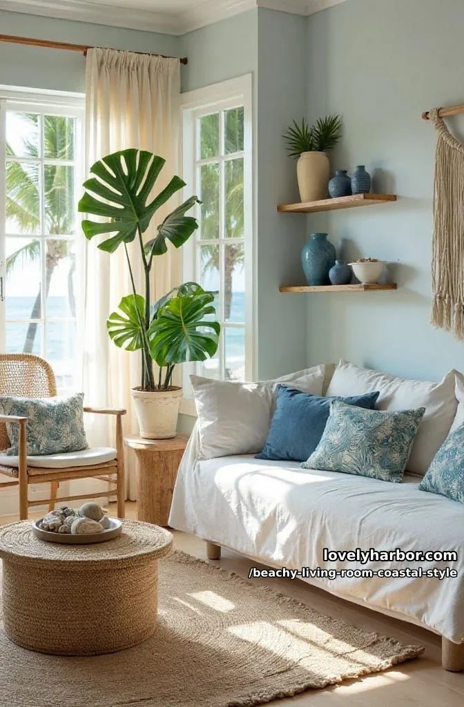 coastal boho living room with tropical plant, rattan decor, and blue accents 1