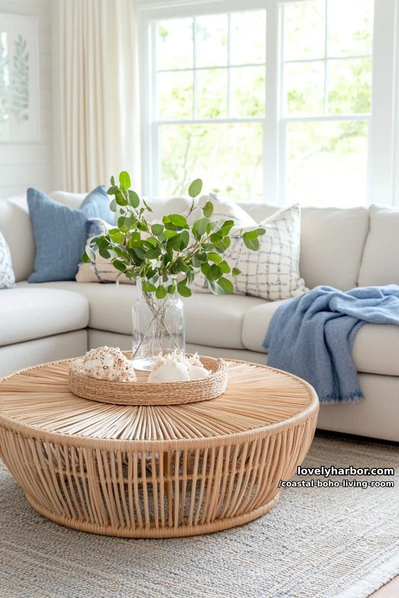 coastal boho scene with sunburst coffee table, rattan, shells, and blue accents. 1