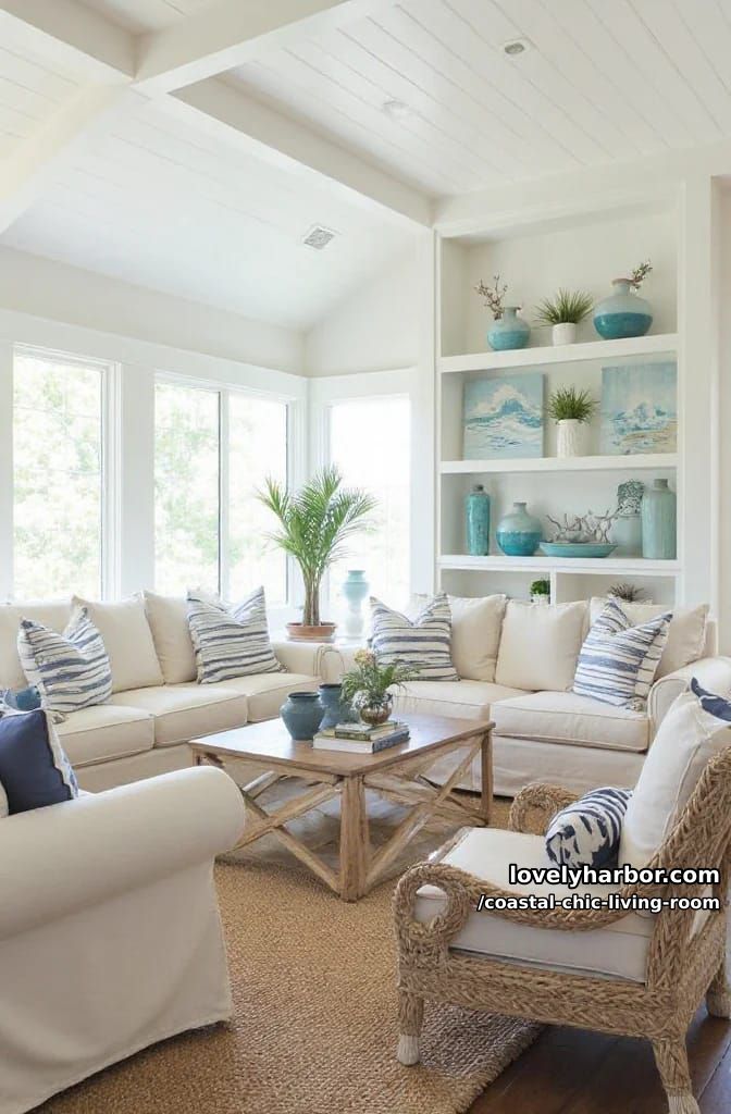 coastal chic living room with vaulted ceilings, rattan accents, and ocean artwork. 1