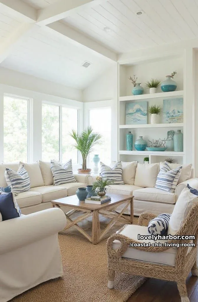 20 Chic Coastal Living Rooms You'll Love 10 coastal chic living room with vaulted ceilings, rattan accents, and ocean artwork. 1