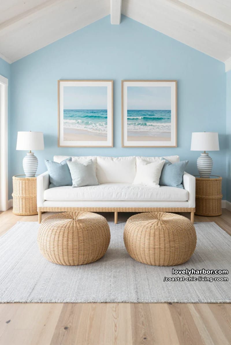 coastal chic living room with vaulted ceilings, rattan accents, and ocean artwork. 1