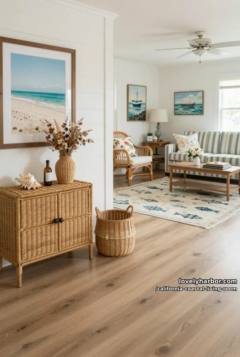 coastal cottage living room, shiplap walls, wicker accents, and nautical decor. 1