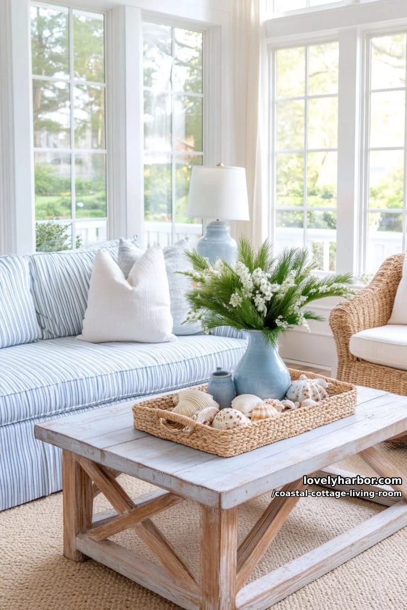 coastal cottage living room with white walls, blue stripes, and natural textures. 1