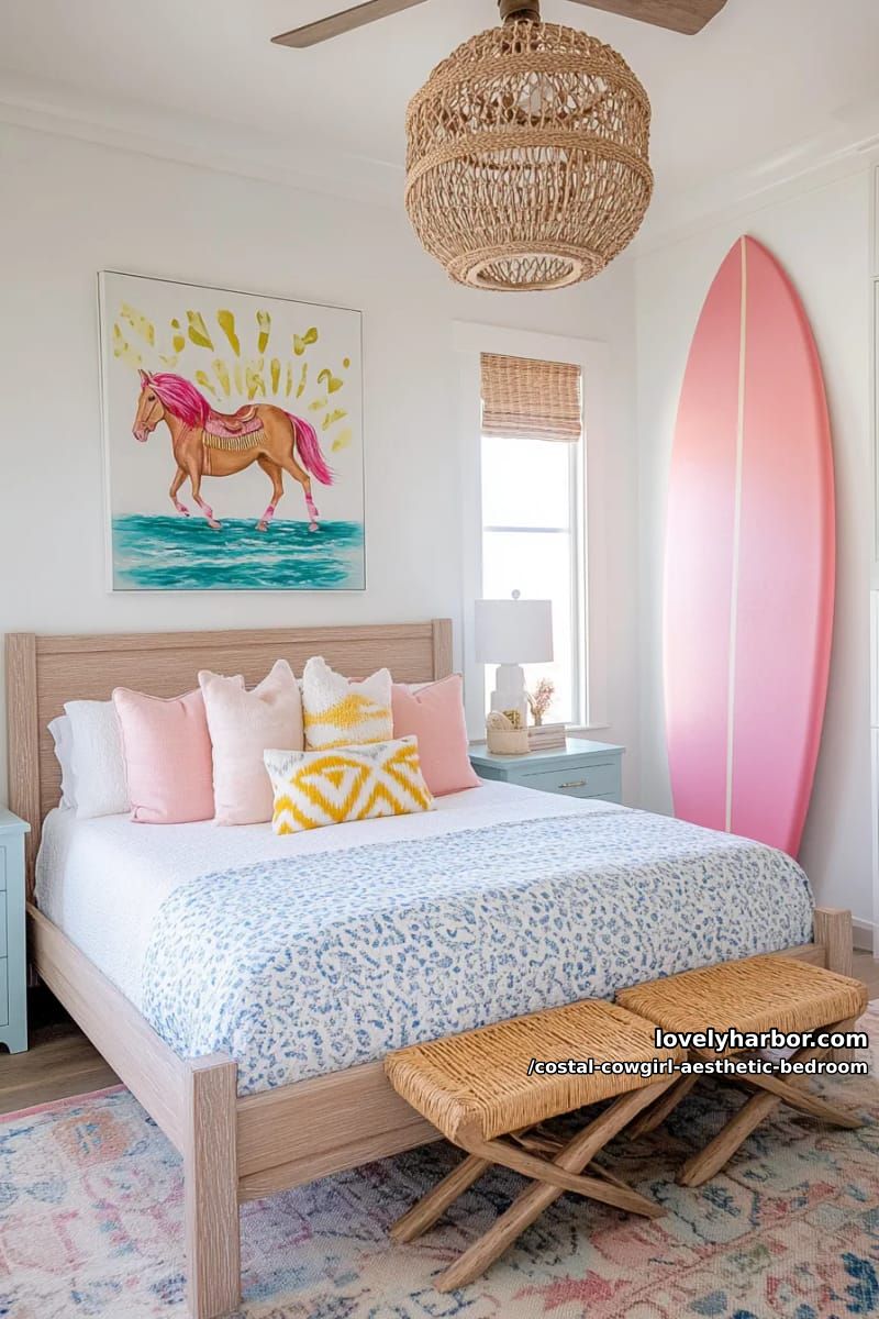 coastal cowgirl bedroom with floral quilt, woven benches, surfboard, and rattan accents 21