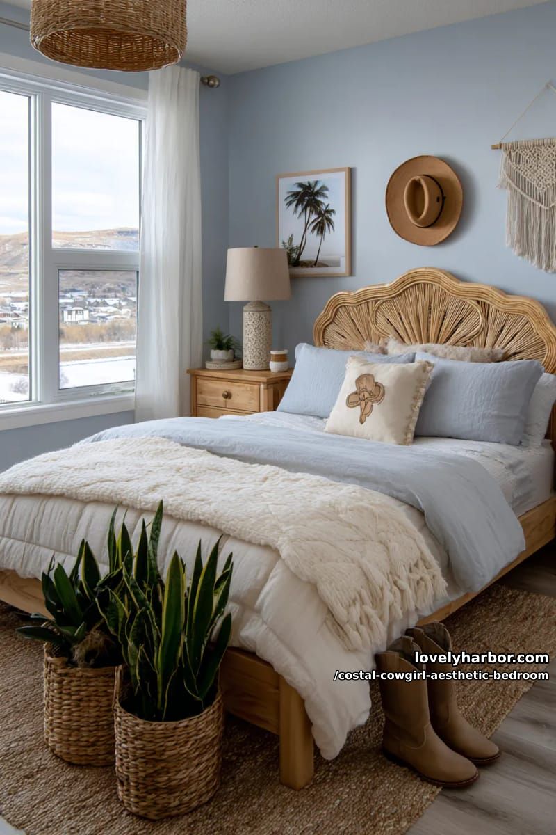coastal cowgirl bedroom with rattan headboard, palm art, macramé, and snake plants 1
