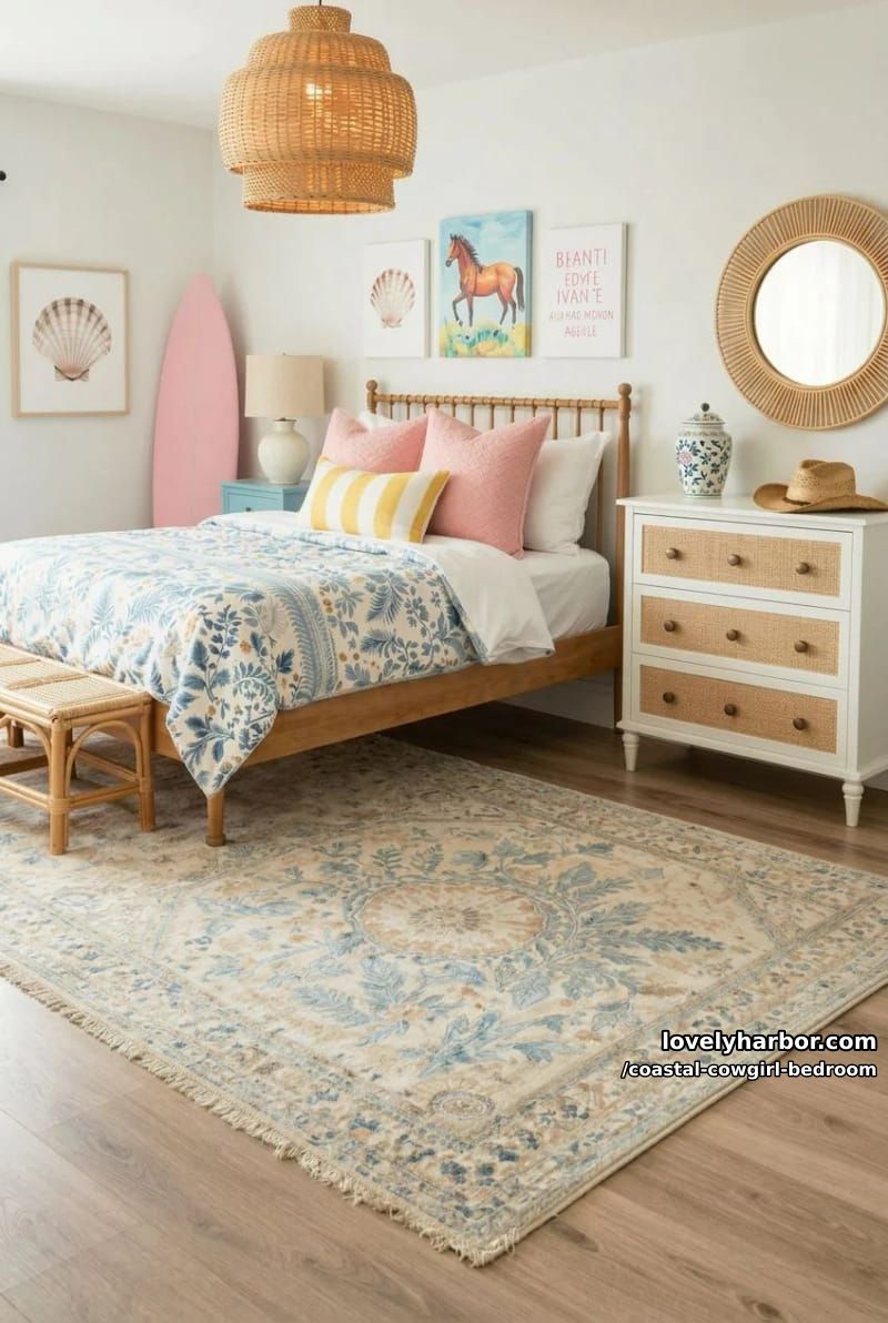 coastal cowgirl bedroom with spindle bed, rattan furniture, surfboard, and art. 1