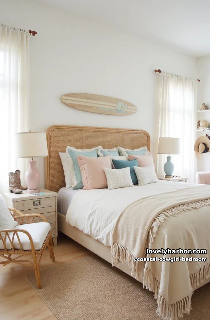 coastal cowgirl decor with rattan, pastel lamps, boot vase, surfboard art. 1