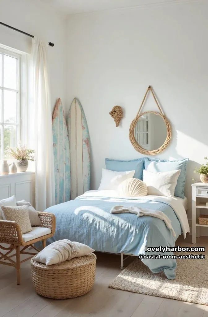 coastal decor collection with rattan, surfboards, blue accents, and shell shapes. 1